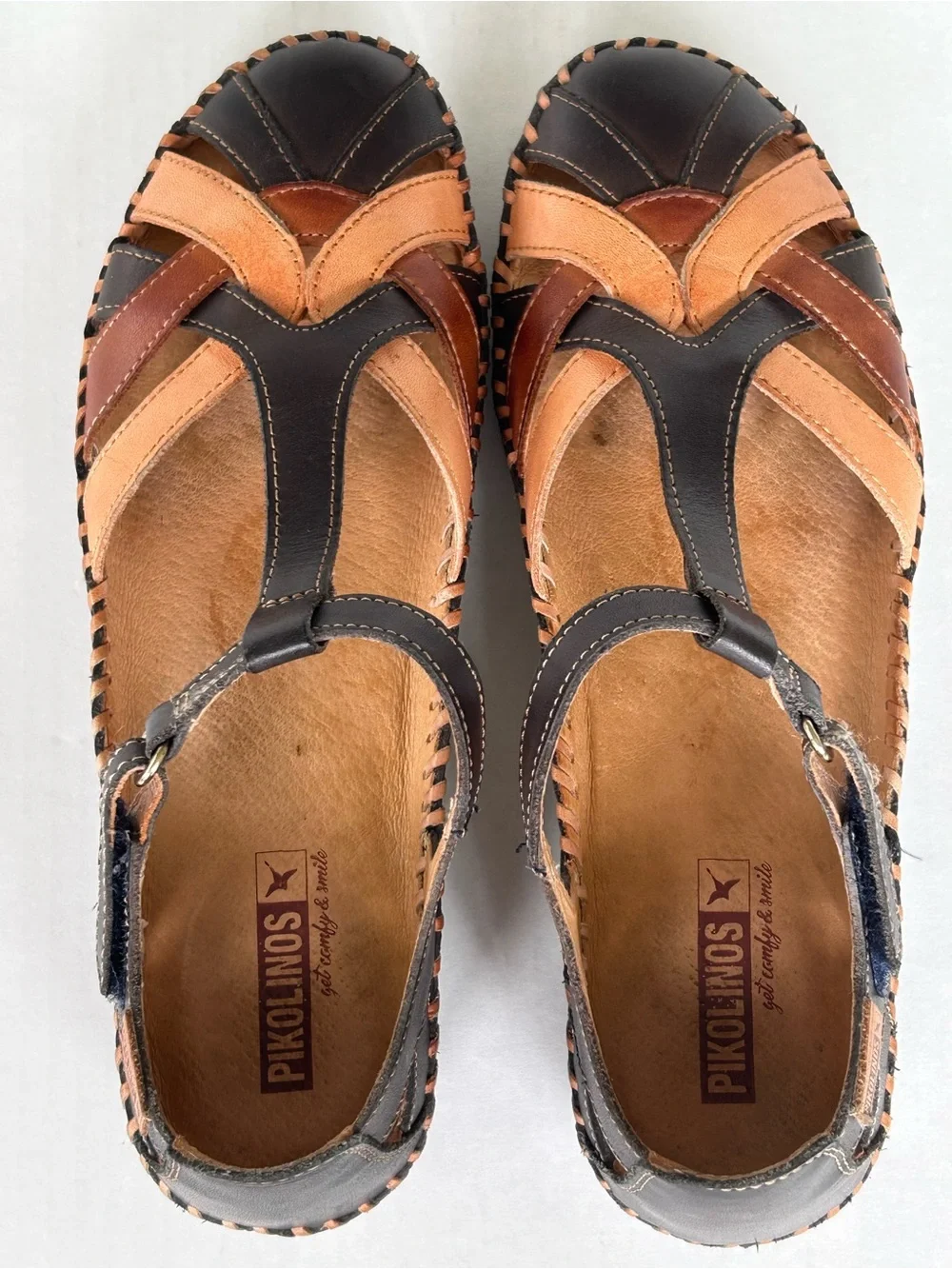 Pikolinos P Vallarta Navy Brown Leather T-Strap Semi Closed Toe Sandals EU 39